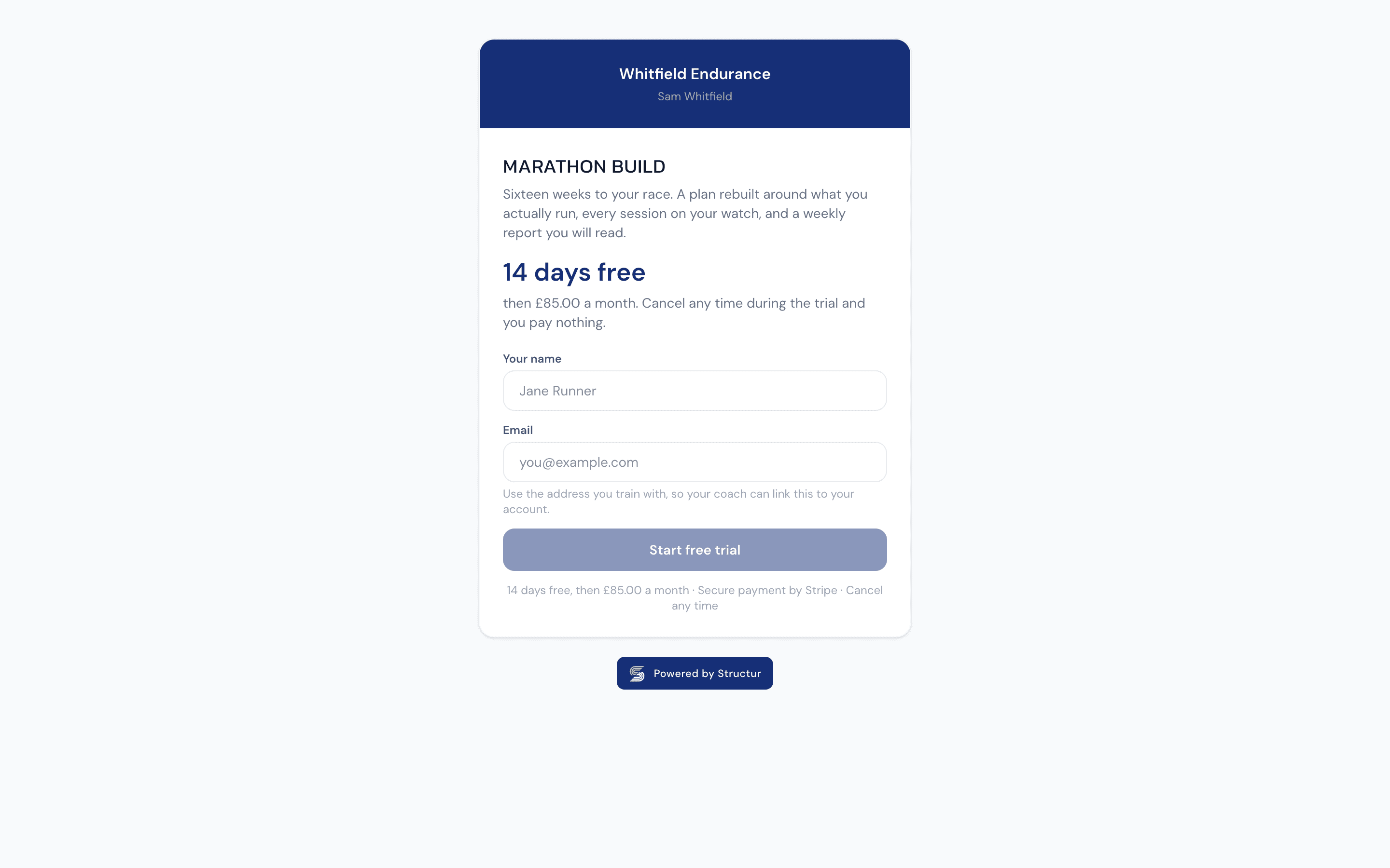 A coaching package as a client sees it: the offer, the trial, and a form to start