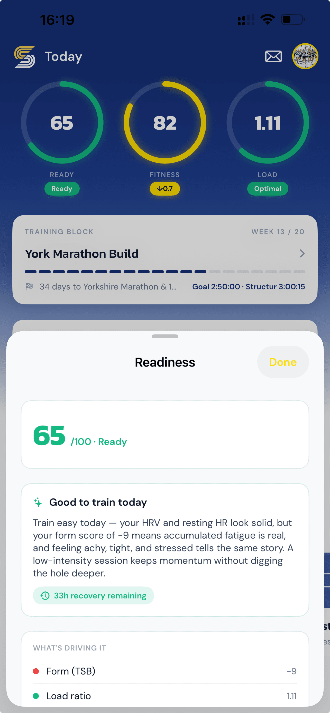 Readiness at 65 out of 100, with a written recommendation and what is driving it